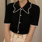 Short-sleeve Contrast Trim Collar Knit Crop Top