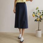 Seam-trim Flared Midi Denim Skirt