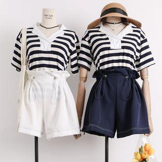 Set: Collared Striped T-shirt + Drawstring Shorts