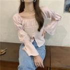 Bell-sleeve Square-neck Blouse Pink - One Size