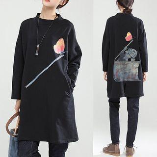 Butterfly Print Long-sleeve Long Top Black - One Size