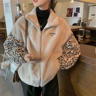 Long-sleeve Leopard Print Panel Fleece Jacket Leopard Panel - One Size