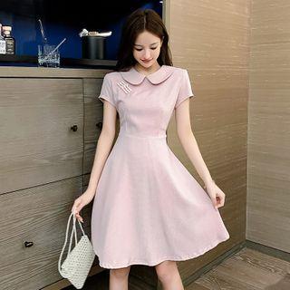 Short-sleeve Frog Buttoned Gingham A-line Dress