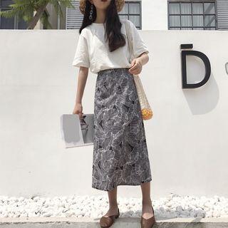 Leaf Print Midi A-line Skirt