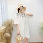 Elbow-sleeve Floral Embroidered Mini Shift Dress