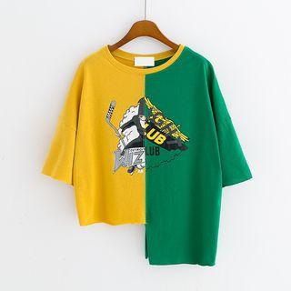 Elbow-sleeve Color Block Asymmetric T-shirt