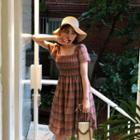 Square-neck Smocked-trim Plaid Dress