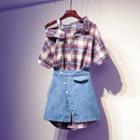 Set: Short-sleeve Cold-shoulder Shirt + Mini Denim Skirt