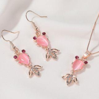 Set: Cat Eye Stone Fish Pendant Necklace + Dangle Earring 01-2876 - Rose Gold - One Size