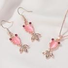 Set: Cat Eye Stone Fish Pendant Necklace + Dangle Earring 01-2876 - Rose Gold - One Size