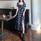 Short-sleeve Square-neck Floral Print Dress