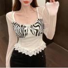 Zebra Print Panel Lace Trim Cropped T-shirt