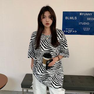 Short-sleeve Zebra T-shirt Blue Floral - White - One Size