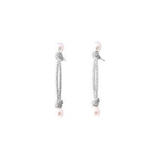 Sterling Silver Fashion Simple Geometric Freshwater Pearl Long Earrings With Cubic Zirconia Silver - One Size