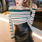 Off Shoulder Striped Knit Top / Faux Leather A-line Skirt