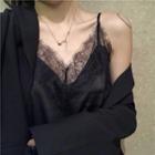 Spaghetti Strap Lace Trim Top Black - One Size