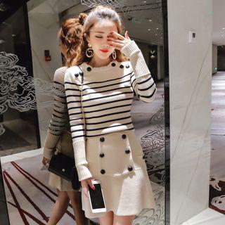Set: Stripe Long-sleeve Knit Top + Mini Skirt