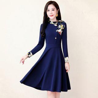 Printed Panel Tie-neck Midi A-line Dress