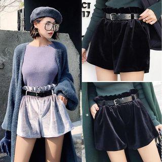 Frilled Waist Wide-leg Pleuche Shorts