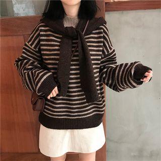 Set: Mock Neck Loose-fit Striped Sweater + Scarf