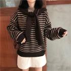 Set: Mock Neck Loose-fit Striped Sweater + Scarf