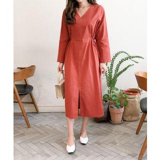 Shirred-waist Slit-front Dress