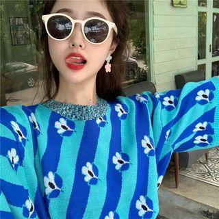 Flower Short-sleeve Knit Top Blue - One Size