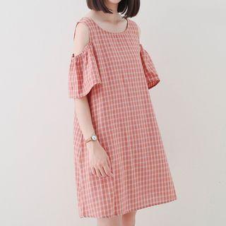 Cutout Shoulder Plaid Short-sleeve Dress