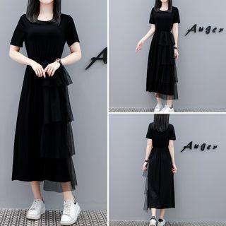 Short-sleeve Asymmetrical Midi A-line Mesh Dress