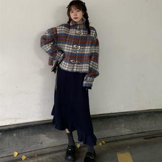 Long-sleeve Frill Trim Midi A-line Shirtdress / Plaid Jacket