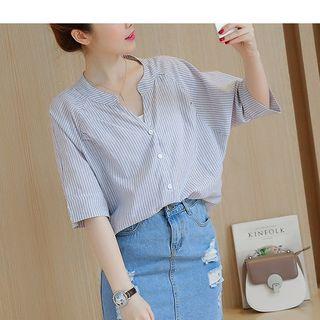 Split Neck Elbow Sleeve Shirt
