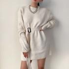 Long Sleeve Plain Belted Mini Rib-knit Dress