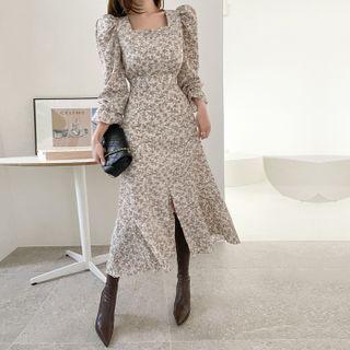 Puff-sleeve Square-neck Floral Long Dress