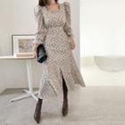 Puff-sleeve Square-neck Floral Long Dress