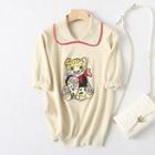 Cartoon Leopard Embroidered Knit Top Leopard - Beige - One Size