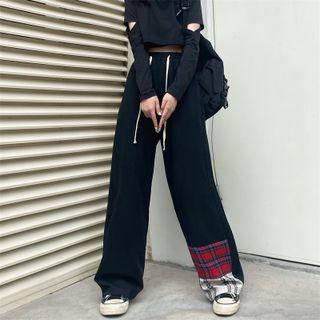 Elastic-waist Wide Leg Plaid Panel Pants