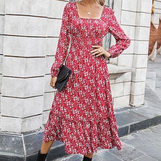 Floral Print Long-sleeve Square Neck Midi A-line Dress