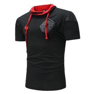 Short-sleeve Faux Leather Panel Hoodie