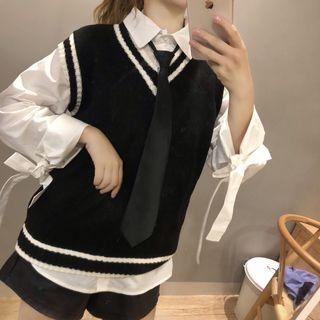 Tie-neck Pleated Blouse / V-neck Crop Knit Vest