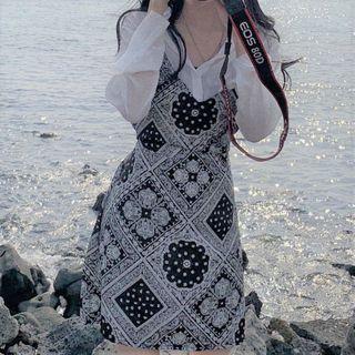 Ruffled Blouse / Patterned Pinafore Dress