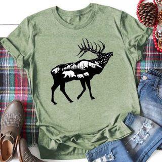 Short-sleeve Christmas Deer Print T-shirt