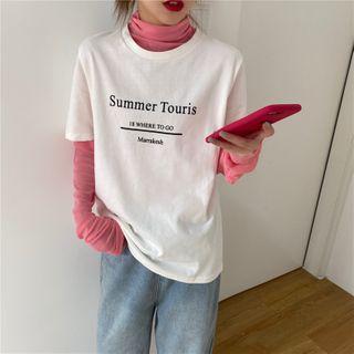 Elbow-sleeve Letter T-shirt 7004 - White - One Size