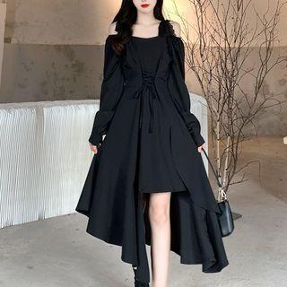 Cold-shoulder Lace Trim Lace-up Midi A-line Dress