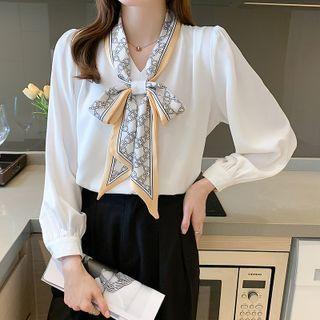 Puff-sleeve Floral Print Tie-neck Blouse