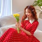 Contrast-collar Polka-dot Dress Red - One Size