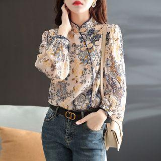 Long-sleeve Print Frog-button Blouse
