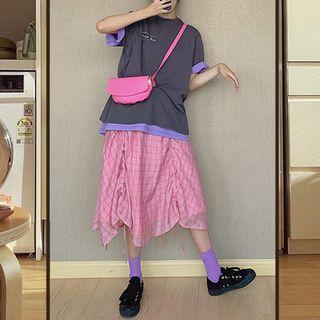 Mock Two-piece Short-sleeve T-shirt / Plaid Midi Skirt
