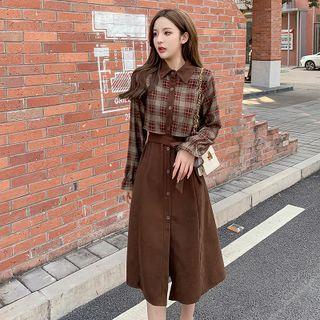 Mock Two-piece Long-sleeve Plaid Panel Button-up A-line Dress