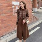 Mock Two-piece Long-sleeve Plaid Panel Button-up A-line Dress