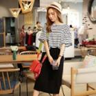 Set: Short-sleeve Paneled Striped Top + Drawstring Skirt